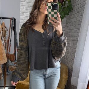 We The Free // Charcoal Waffle Henley with Balloon Sleeves